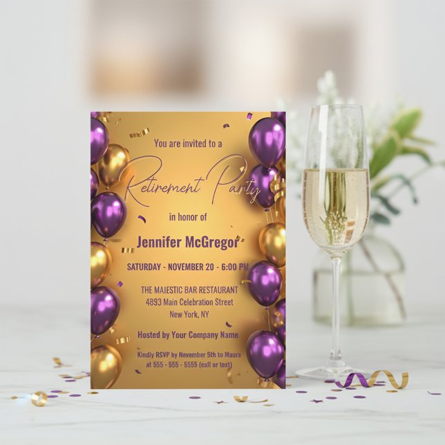 Elegant Glam Purple Gold Balloons Retirement Party Einladung (Von Creator hochgeladen)