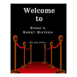 Elegant Glam Red Tepet Sweet 16 Birthday Willkomme Poster