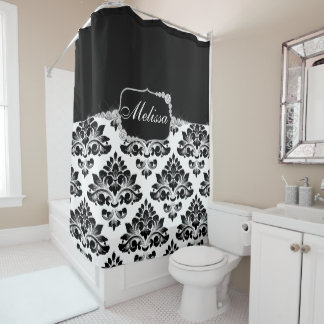Elegant Glam Schwarz-weiß Damask Diamonds Duschvorhang