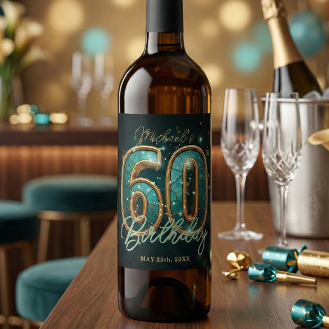 Elegant Glam Teal Gold 60th Milestone Birthday Weinetikett (Von Creator hochgeladen)
