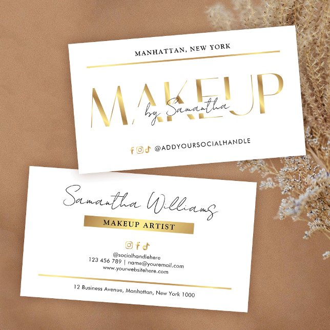 Elegant Glam White & Gold Effect Makeup Artist Visitenkarte (Elegant makeup business cards with faux gold effects, modern layout and space for your contact info)