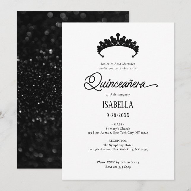 Elegant Glamour Black & White Quinceñera Einladung (Vorne/Hinten)