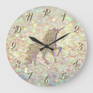 Elegant Glitter Bokeh , Gold Glitter Unicorn Große Wanduhr