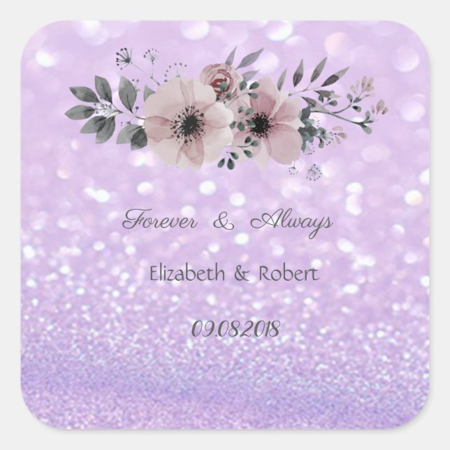 Elegant Glittery Bokeh Floral Wedding Quadratischer Aufkleber (Vorderseite)