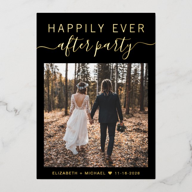 Elegant glücklich immer nach Hochzeit Empfang Folieneinladung (Vorderseite)