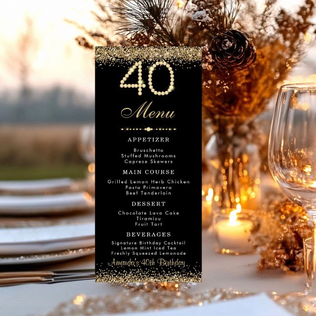 Elegant Gold 40th Birthday Dinner Flat Menu Menükarte (Gold 40th birthday party dinne menu card)