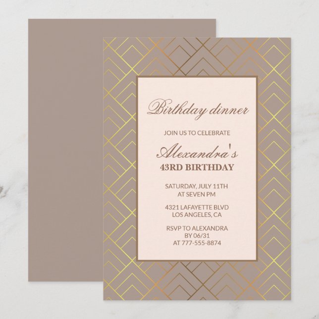 Elegant Gold 43e anniversaire Diner invitations (Devant / Derrière)
