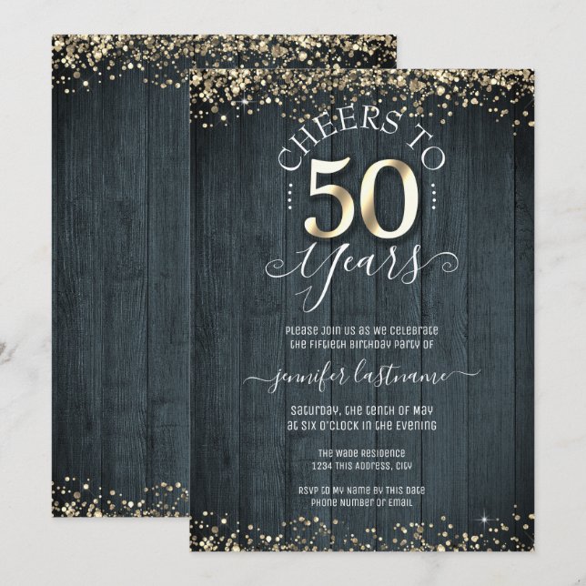 Elegant Gold 50. Geburtstag feierliche Einladung (Vorne/Hinten)