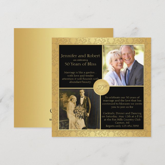 Elégant Gold 50e anniversaire Mariage Invitation (Devant / Derrière)