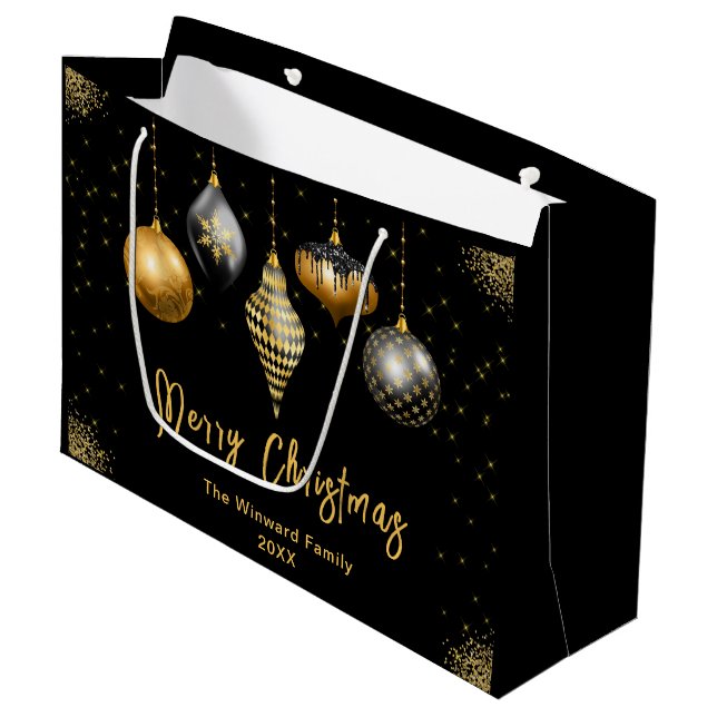 Elegant Gold and Black Ornament Christmas Große Geschenktüte (Vorderseite Schrägansicht)
