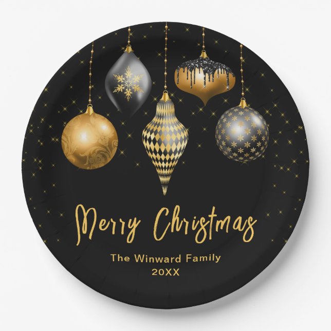 Elegant Gold and Black Ornament Christmas Pappteller (Vorderseite)
