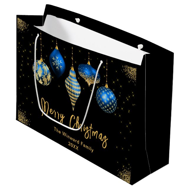 Elegant Gold and Blue Ornament Christmas Große Geschenktüte (Vorderseite Schrägansicht)