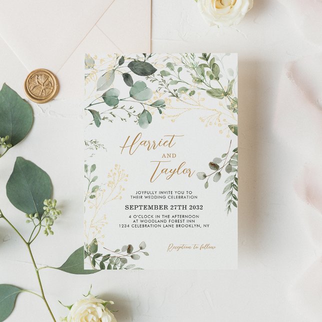 Elegant Gold and Greenery Eukalyptus Wedding Einladung (Von Creator hochgeladen)