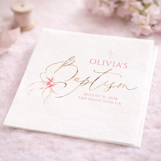 Elegant Gold and Pink Bow Girl Baptism Serviette (Pink Bow Baptism Napkins )