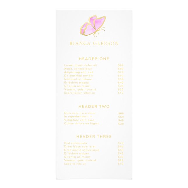 Elegant Gold and Pink Butterfly Salon Price List Werbekarte (Vorne)