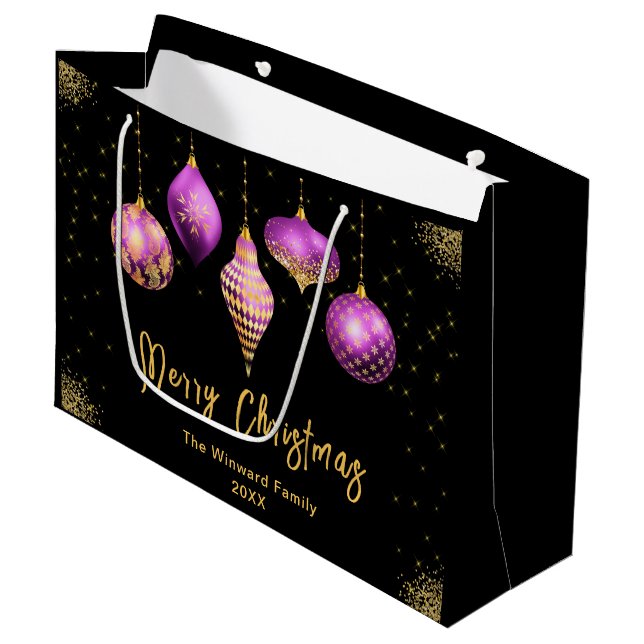 Elegant Gold and Purple Ornament Christmas Große Geschenktüte (Vorderseite Schrägansicht)