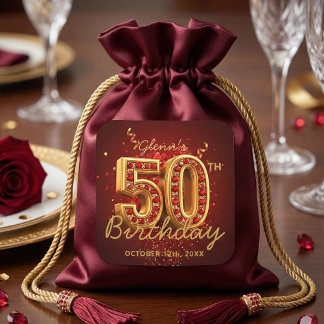 Elegant Gold and Ruby Red 50th Birthday Party Quadratischer Aufkleber