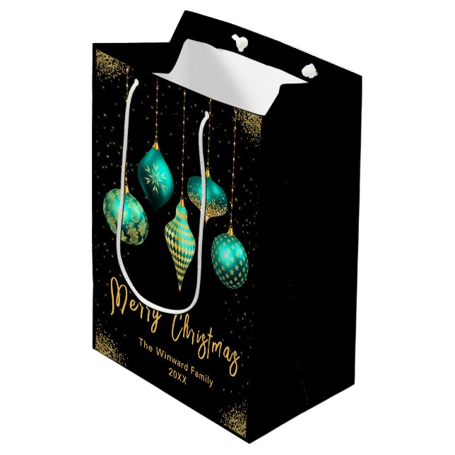 Elegant Gold and Teal Ornament Christmas Mittlere Geschenktüte (Vorderseite Schrägansicht)