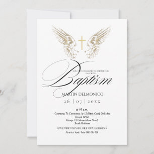 Elegant Gold Angel Wings Typografy Cross Baptisse Einladung