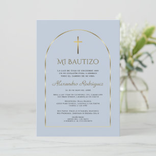 Elegant Gold Arch Dusty Blue Boy Spanish Bautizo Einladung