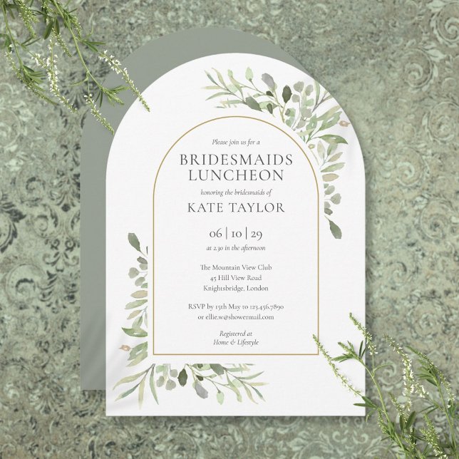 Elegant Gold Arch Greenerie Bridesmaids Einladung (Elegant Gold Arch Greenery Bridesmaids Luncheon Invitation)