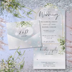 Elegant Gold Arch Winter Greenerie Hochzeit All In One Einladung