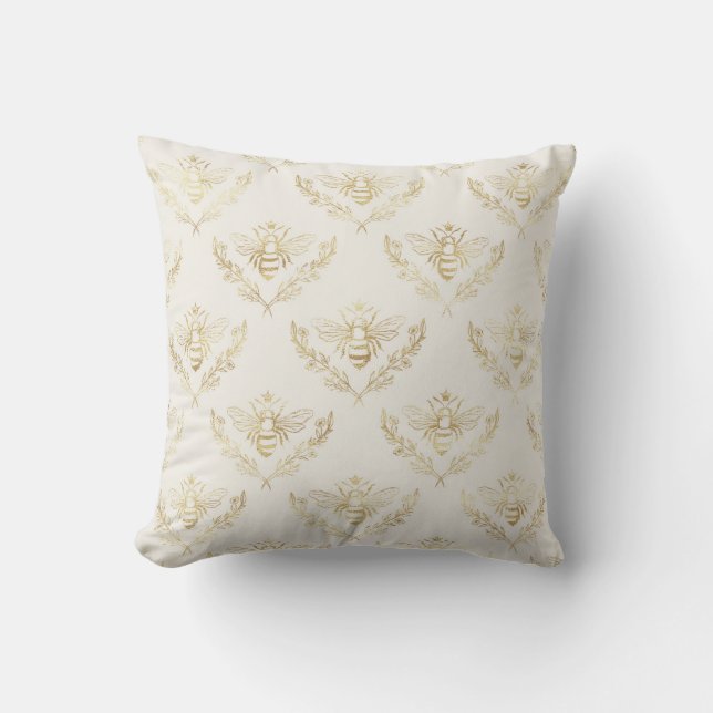 Elegant, Gold auf Creme, Bienen. Kissen (Vorderseite)