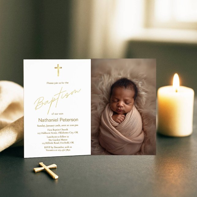 Elégant Gold Baby Boy Baptism Photo Invitation (Créateur téléchargé)
