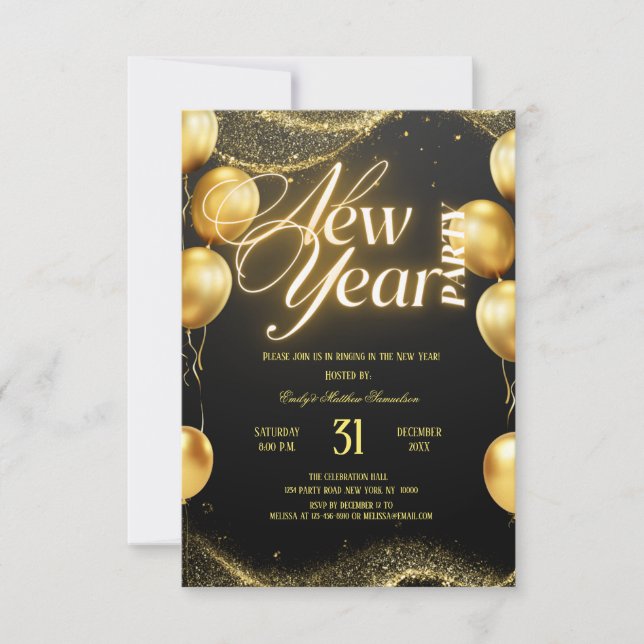 Elegant Gold Balloons New Year Party Einladung (Vorderseite)