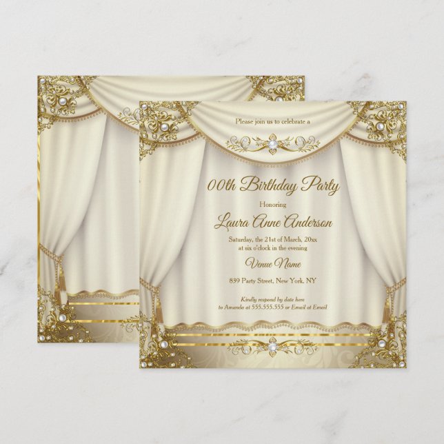 Elegant Gold Beige Creme Pearl Drapes Birthday Einladung (Vorne/Hinten)