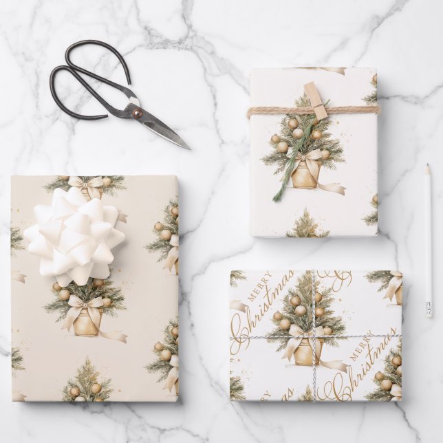 Elegant Gold Beige Weihnachtsbaumkalligrafie Geschenkpapier Set (Vorderseite)