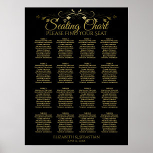 Elegant Gold Black 16 Table Wedding Seating Chart Poster