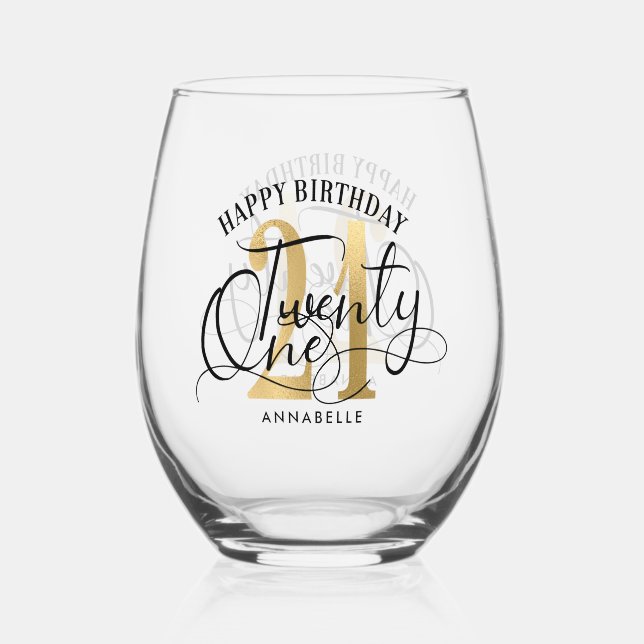 Elegant Gold & Black 21. Geburtstag Weinglas Ohne Stiel (Vorderseite)