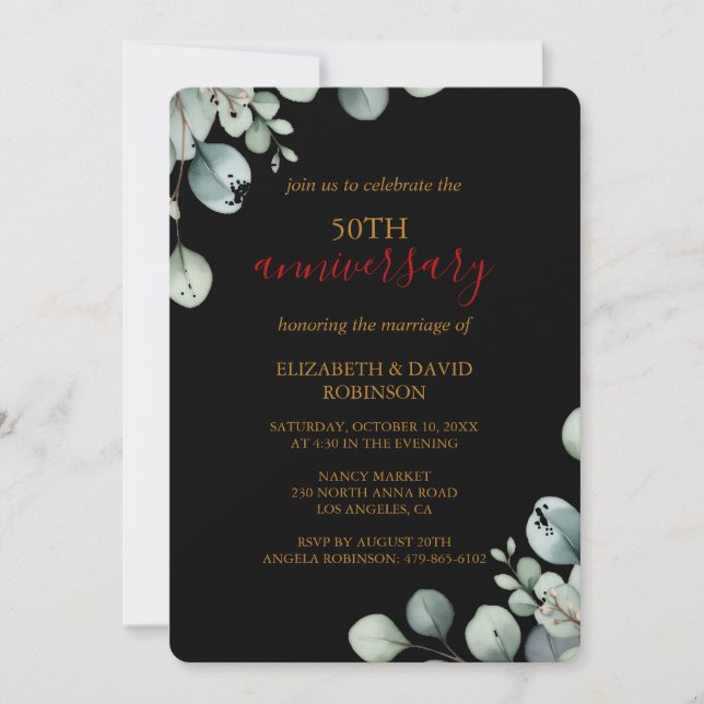 Elegant Gold Black 50. Hochzeitstag Einladung (Vorderseite)
