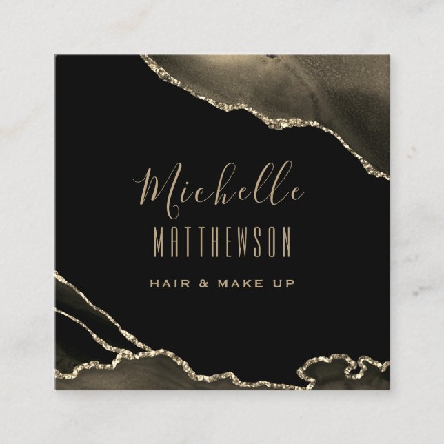 Elegant Gold Black Agate Marble Script Quadratische Visitenkarte (Vorderseite)