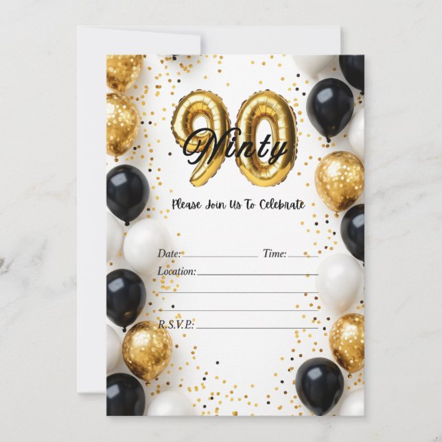 Elegant Gold & Black Balloon 90th Birthday Invitat Einladung (Vorderseite)