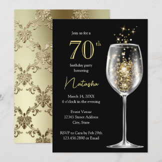 Elegant Gold Black Damask 70. Geburtstagsparty Einladung