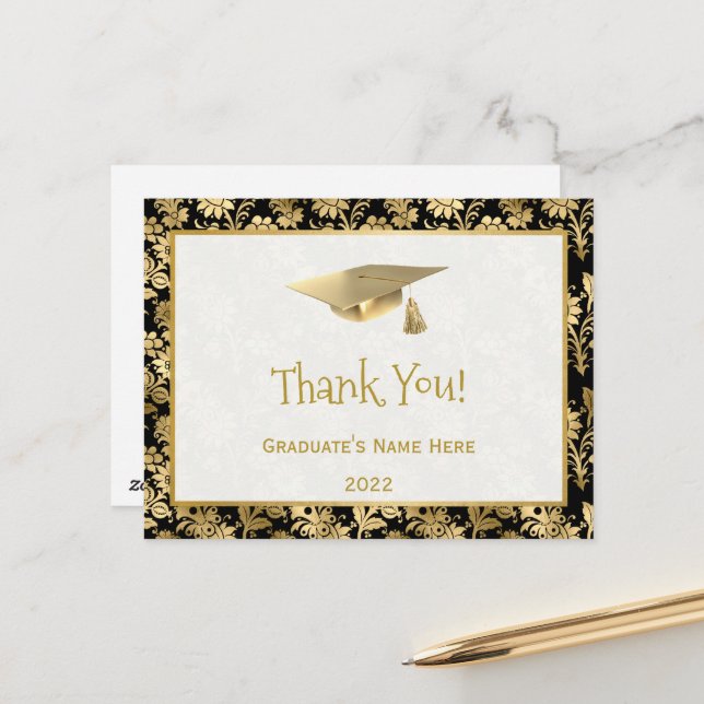 Elegant Gold Black Floral Vielen Dank Abschluss Postkarte (Vorderseite/Rückseite Beispiel)