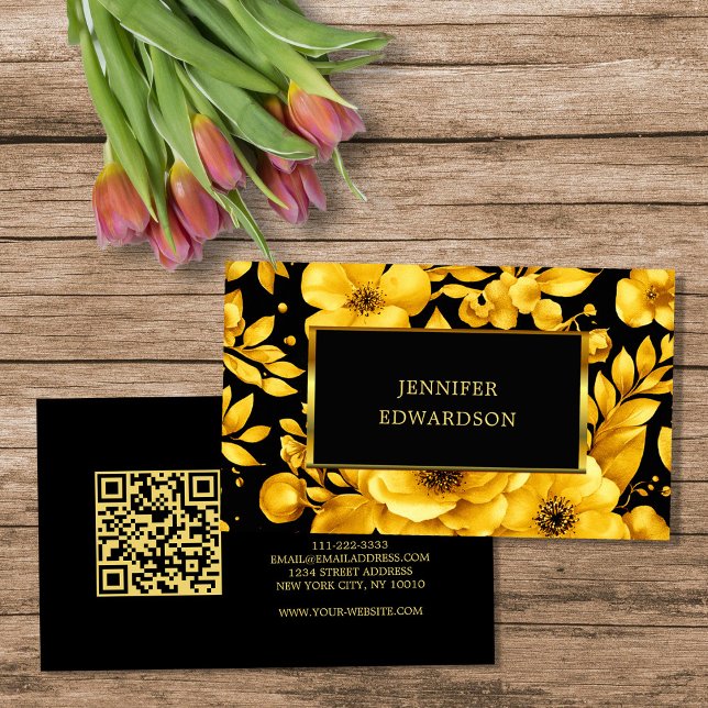 Elegant gold black flowers QR code professional Visitenkarte (Elegant gold black flowers QR code professional Business Card.)