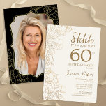 Elegant Gold Black Foto Überraschung 60. Geburtsta Einladung<br><div class="desc">Elegante Goldcreme und schwarze Überraschung 60. Geburtstagsfeier mit Ihrem Foto auf der Kartenrückseite. Modernes,  feminines Design mit botanischen Akzenten und Typografie-Script-Schriftart. Einfache florale Einladungskarte perfekt für eine stilvolle weibliche Überraschung am Tag. Kann für jedes Alter angepasst werden. Gedruckte Zazzle Einladungen oder Sofortdownload digitalen druckbaren Vorlage.</div>