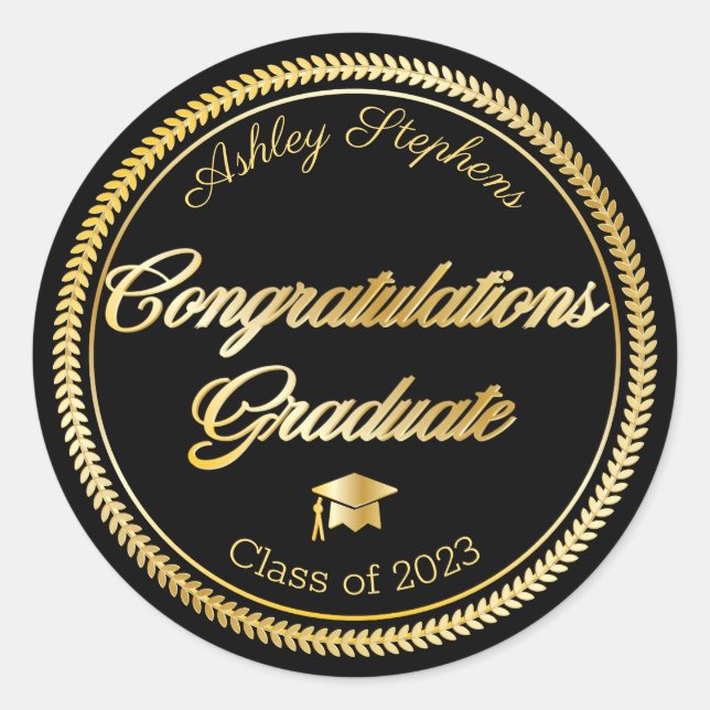 Elegant Gold | Black Grad Cap Class of 2023 Runder Aufkleber (Vorderseite)