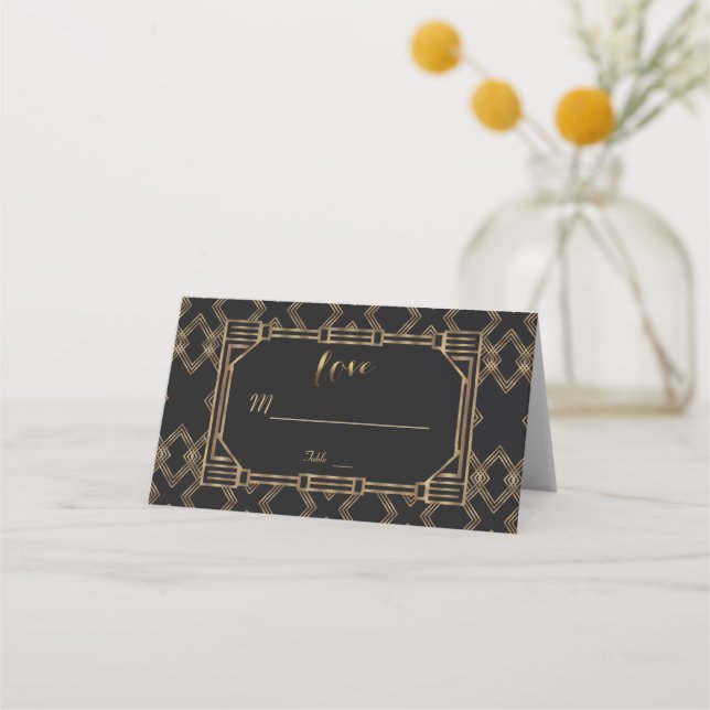 Elegant Gold Black Great Gatsby 1920er Hochzeit Platzkarte (Vorderseite)