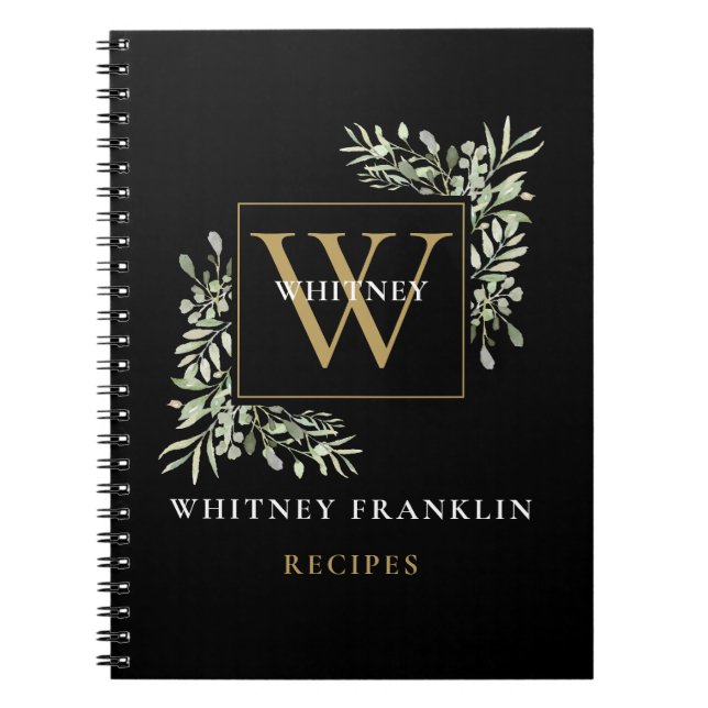 Elegant Gold Black Greenery Monogram Rezept Notizblock (Vorderseite)