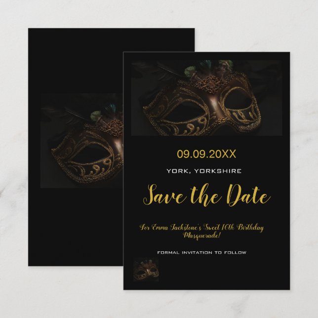 Elegant Gold Black Masquerade Maske Thema Sweet 16 Save The Date (Vorne/Hinten)