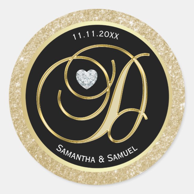 Elegant Gold Black Monogram Letter 'D' Wedding Runder Aufkleber (Vorderseite)