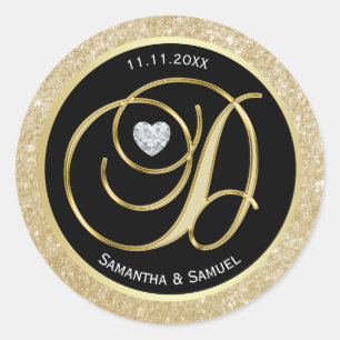 Elegant Gold Black Monogram Letter 'D' Wedding Runder Aufkleber