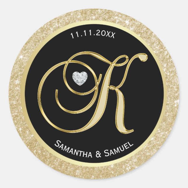 Elegant Gold Black Monogram Letter 'K' Wedding Runder Aufkleber (Vorderseite)