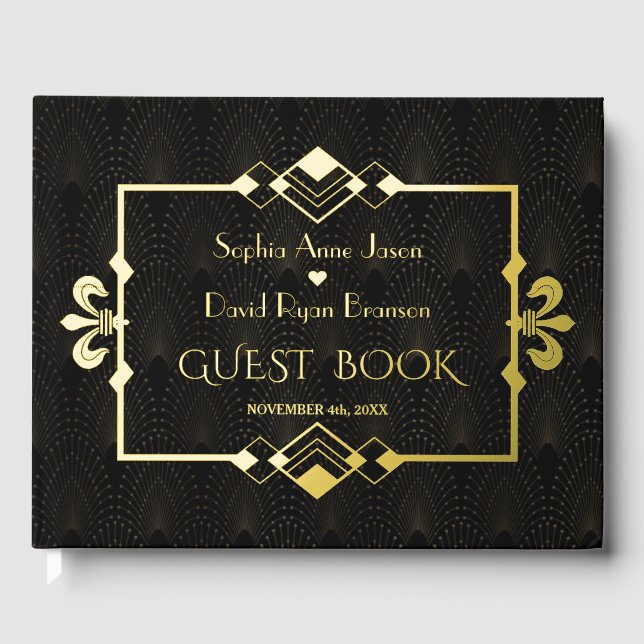 Elegant Gold Black Roaring 20's Art Déco Hochzeit Gästebuch (Vorderseite)