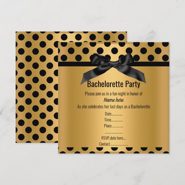 ELEGANT GOLD BLACK SPOT JUNGGESELINNEN-ABSCHIED EINLADUNG (Vorne/Hinten)