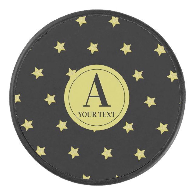 Elegant Gold & Black Star Pattern Monogram Eishockey Puck (Vorderseite)